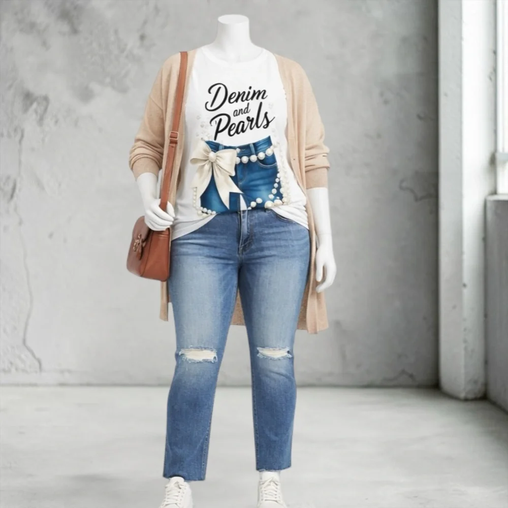 New “Denim and Pearls@ Graphic Tee - White - Picture 4 of 13